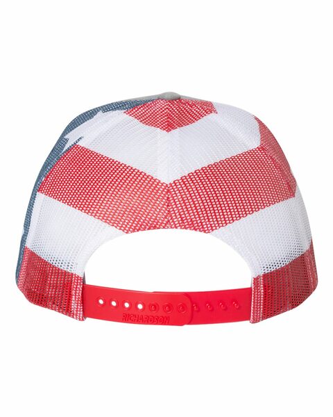 Red and white striped cap with mesh back on a white background