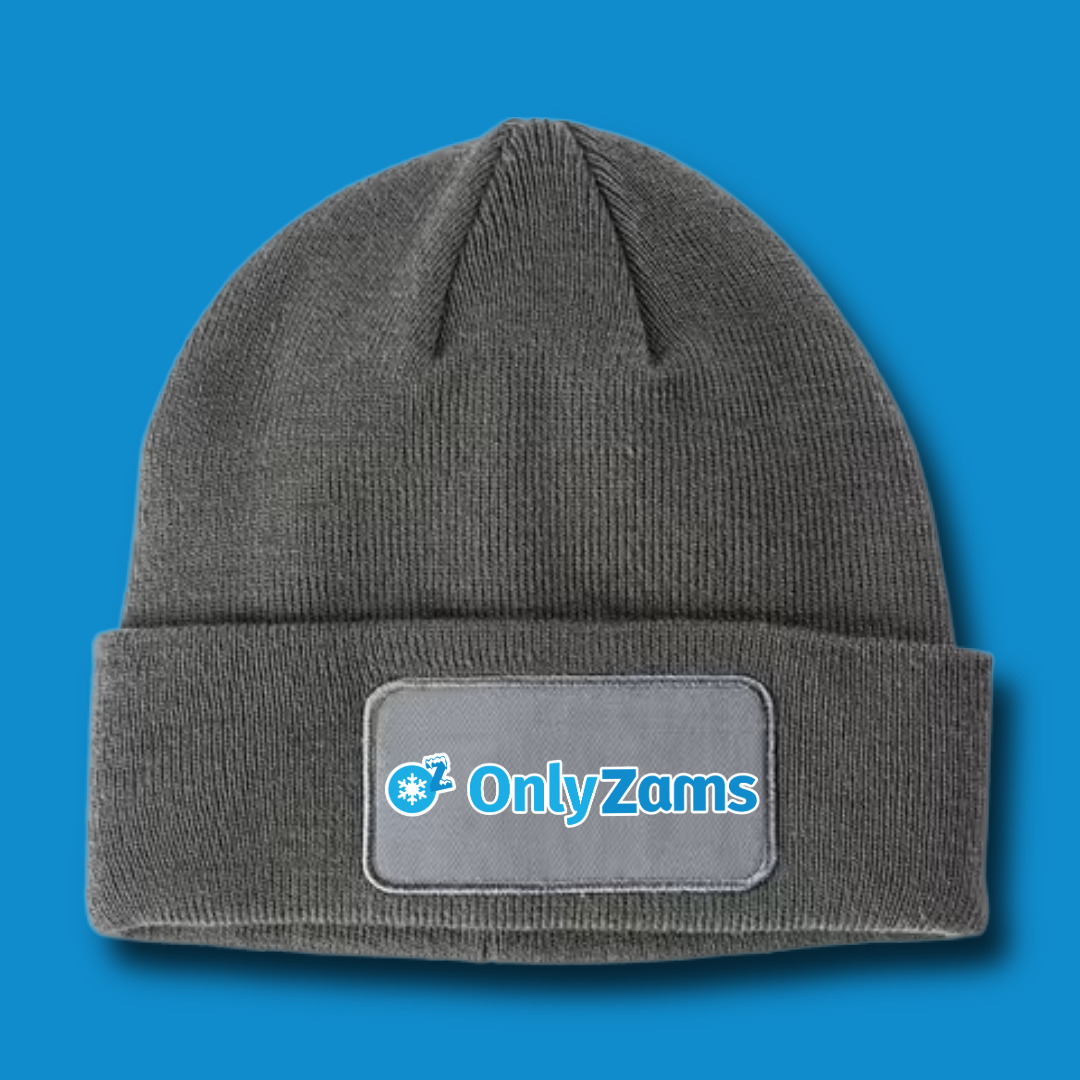 Gray beanie with OnlyZams logo on a blue background
