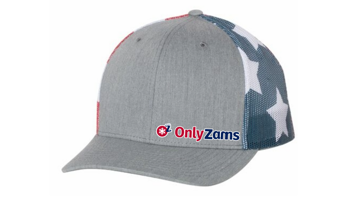 Gray cap with stars & stripes patterns and 'OnlyZams' logo on a white background